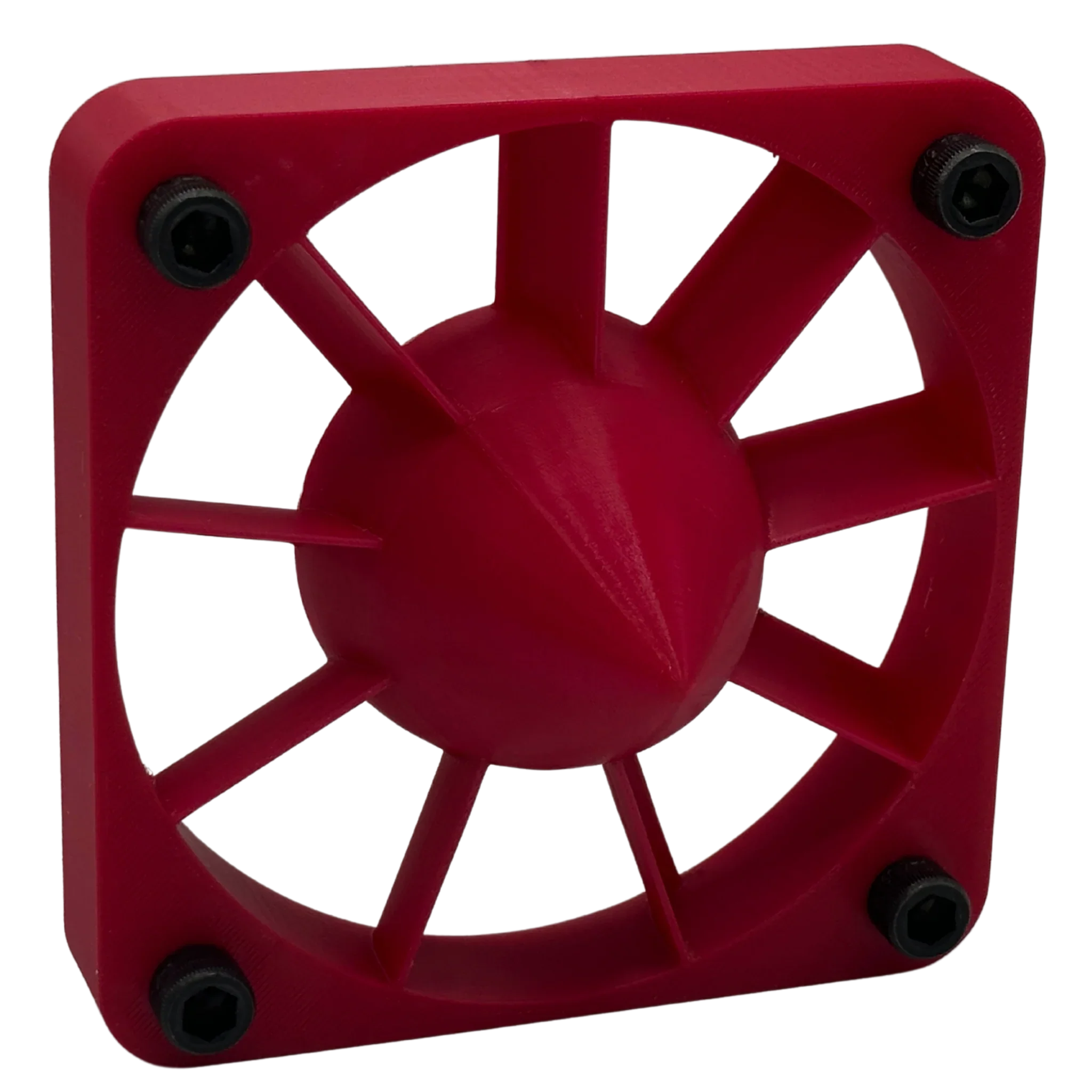 Red PETG 3D printed fan guard with screws and geometric center design