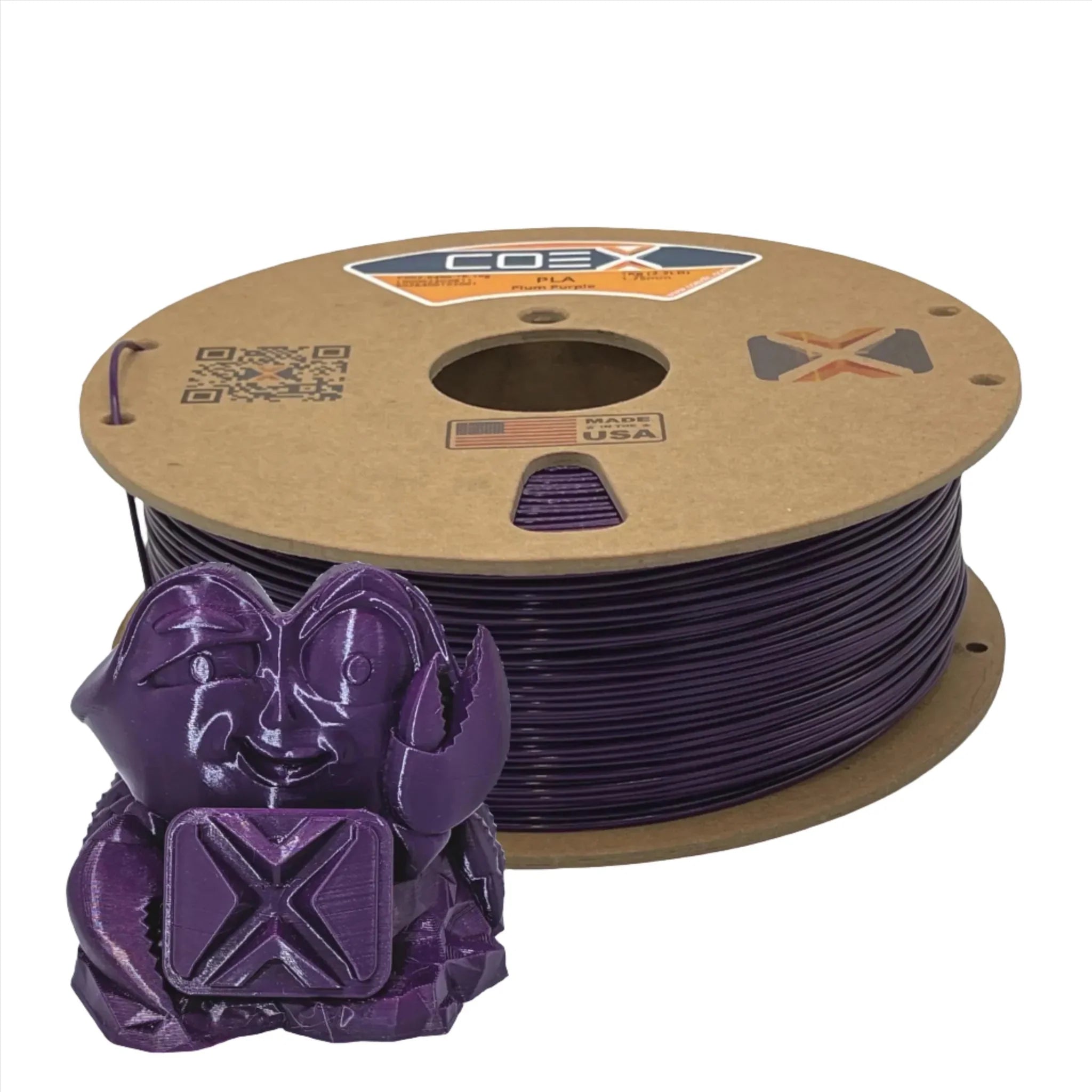 Plum purple PLA 3D printer filament spool with matching purple 3D printed object