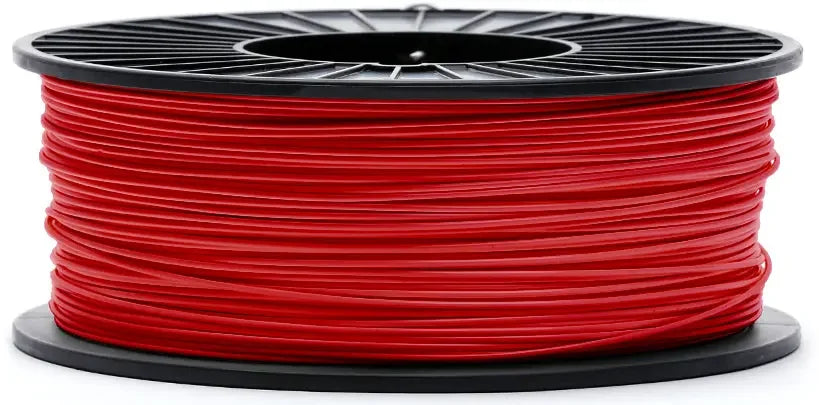 Salsa red ABS 3D printer filament spool on black plastic reel