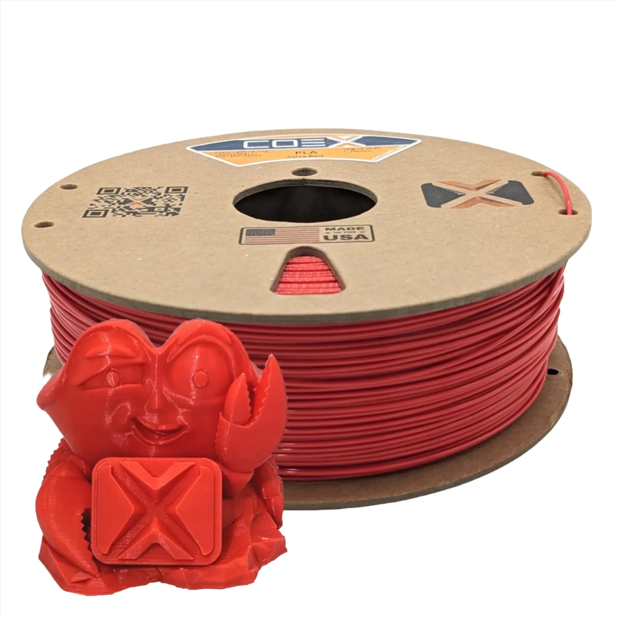Salsa Red PLA 3D printer filament spool with red 3D printed crab figure
