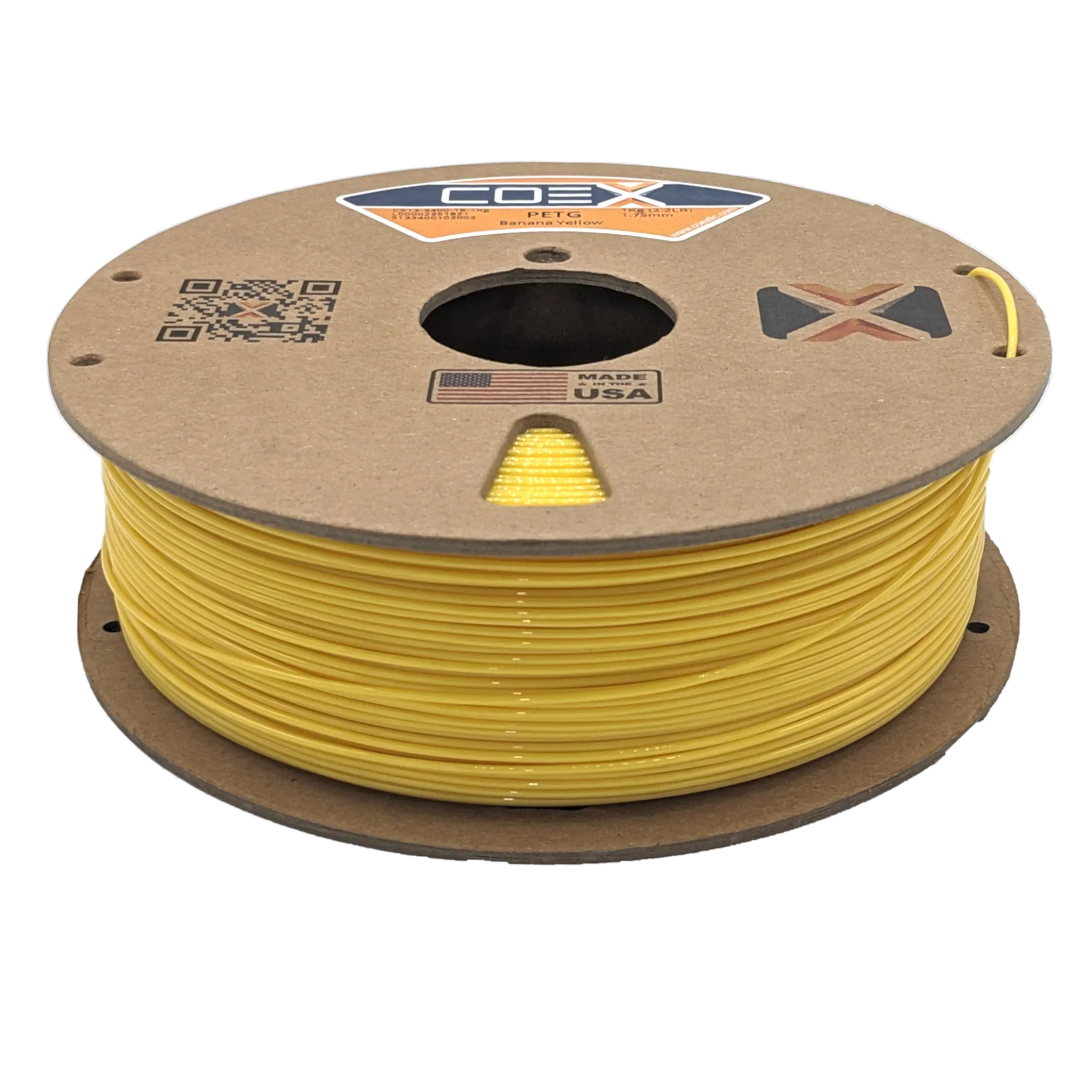 COEX PETG banana yellow 3D printer filament spool, Made in USA, on kraft cardboard reel