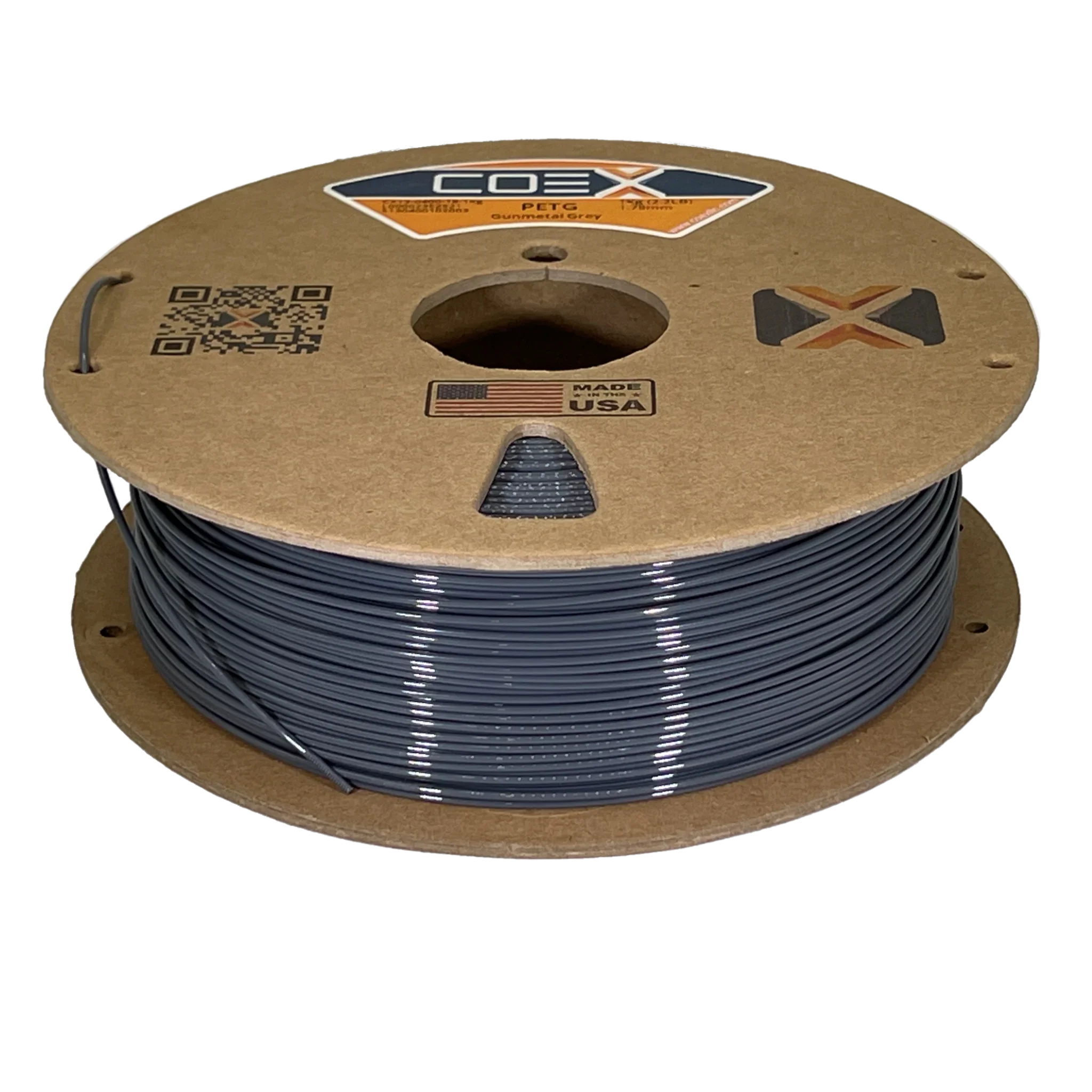 COEX PETG gunmetal grey 3D printer filament spool, made in USA, on brown cardboard reel