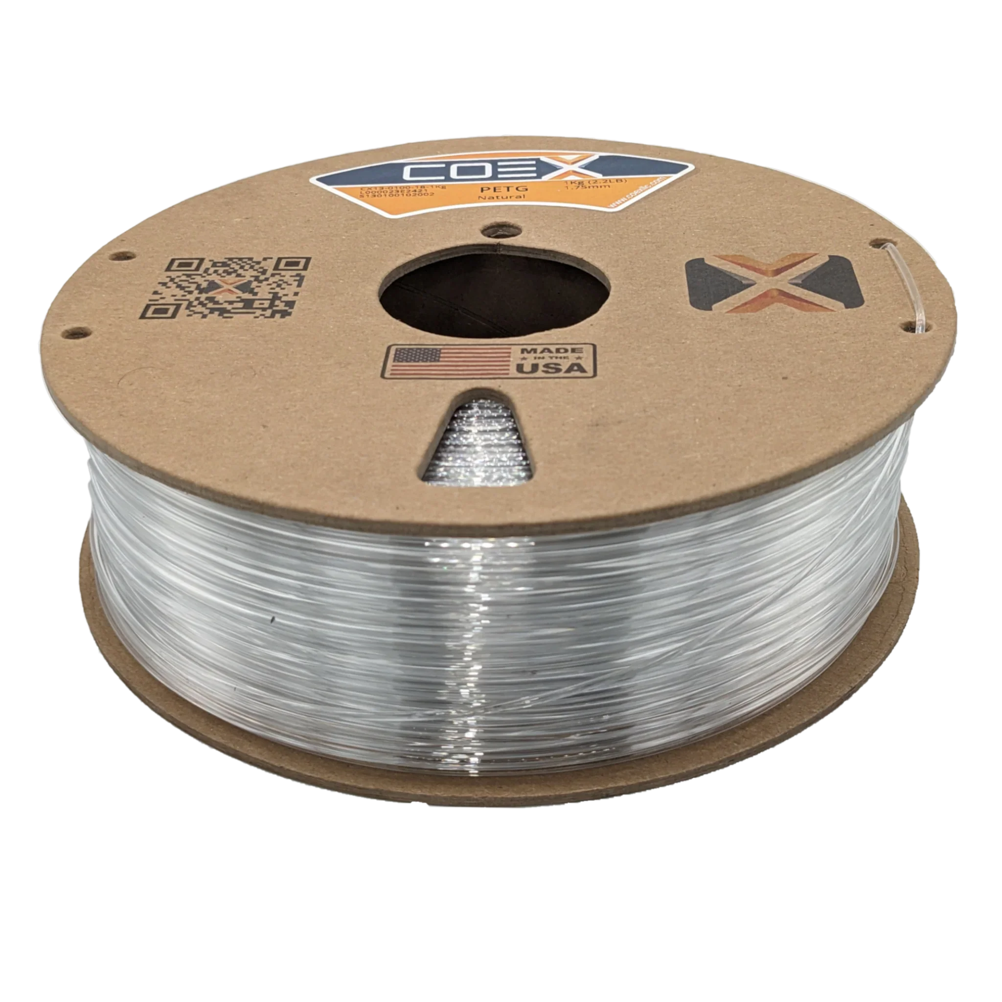 Clear PETG 3D printer filament spool with cardboard reel, COEX brand, Made in USA label
