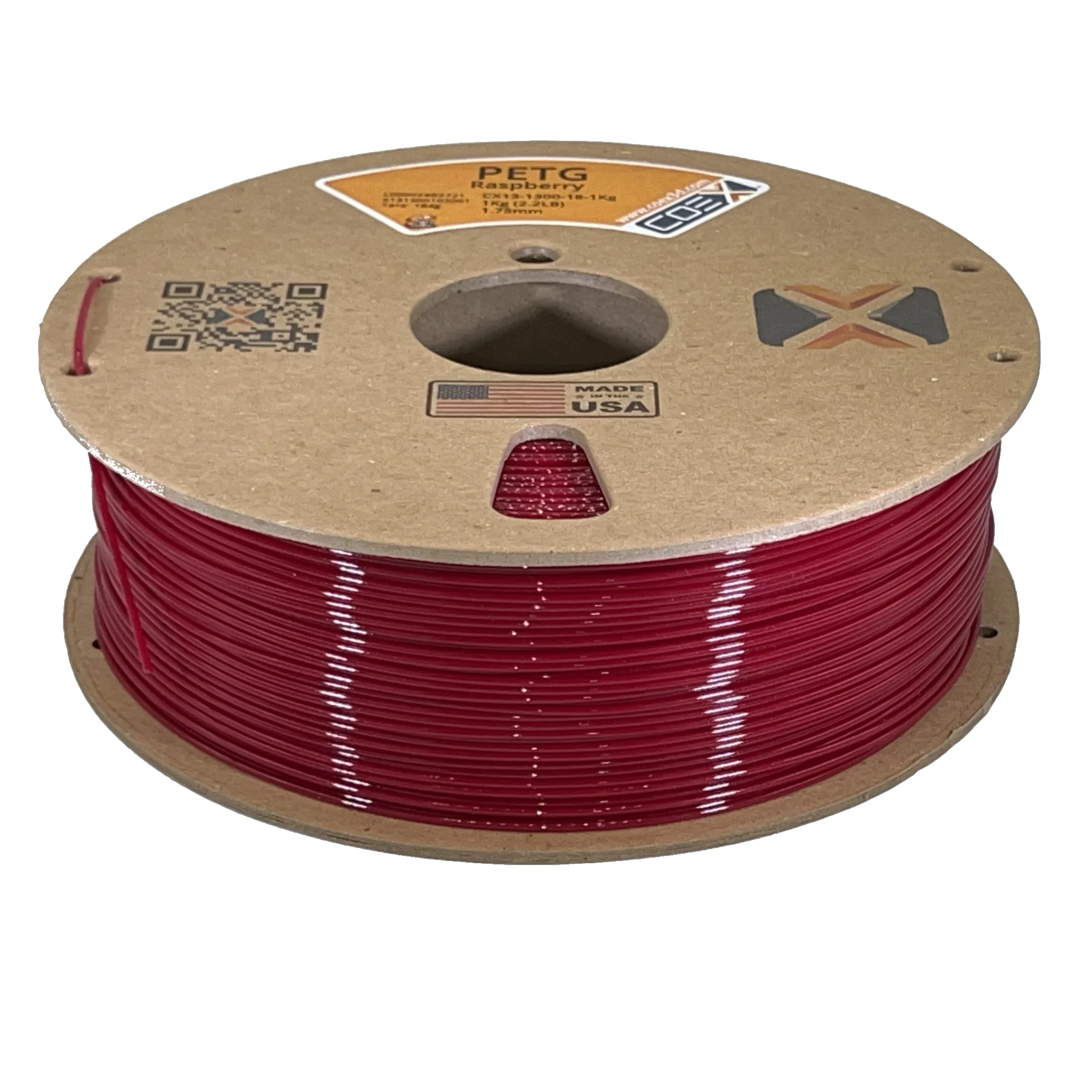 Spool of raspberry PETG 3D printer filament with brown cardboard reel, made in USA