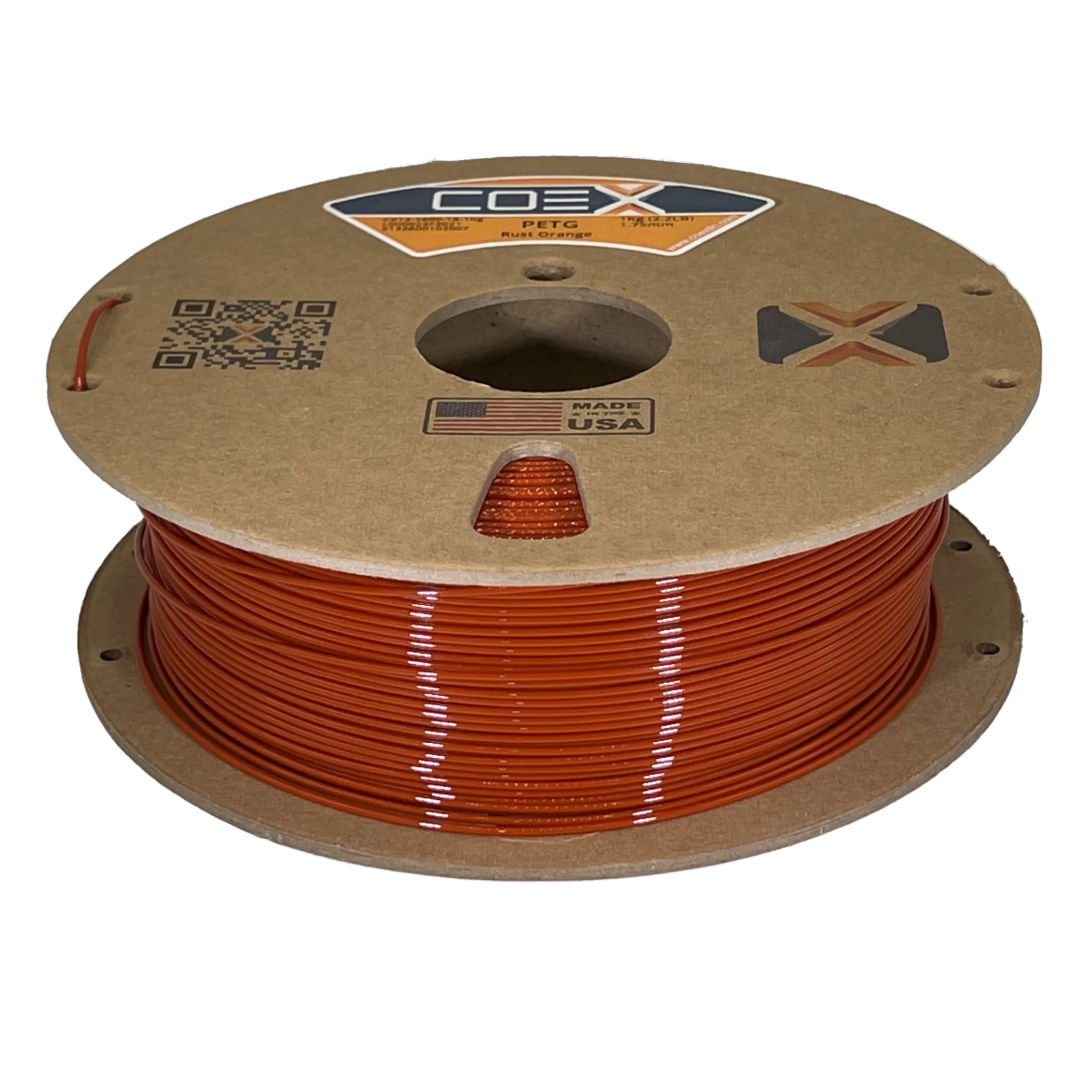 Coex PETG Rust Orange 3D printer filament spool with cardboard reel, made in USA