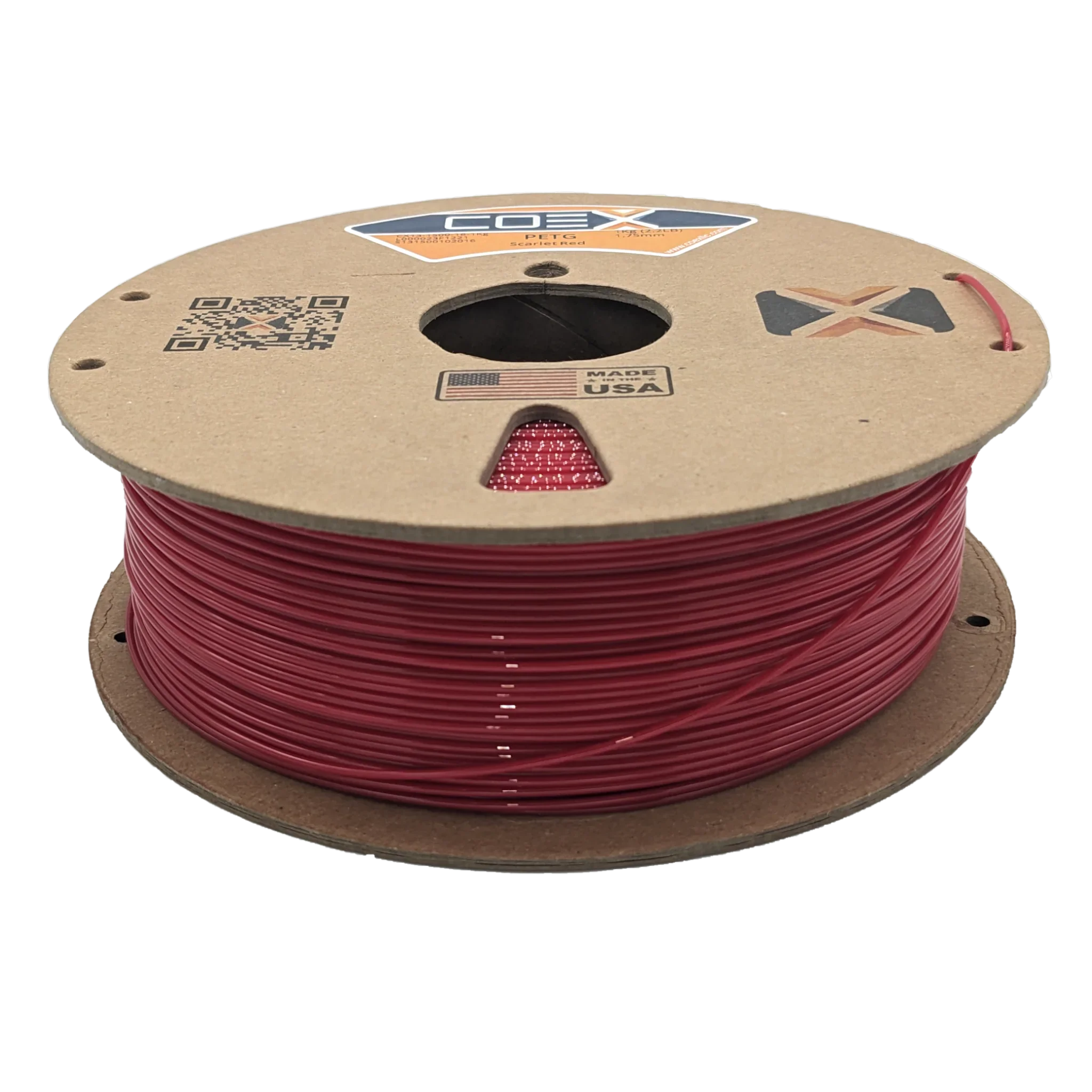 Red PETG 3D printer filament spool, scarlet color, COEX brand, cardboard reel