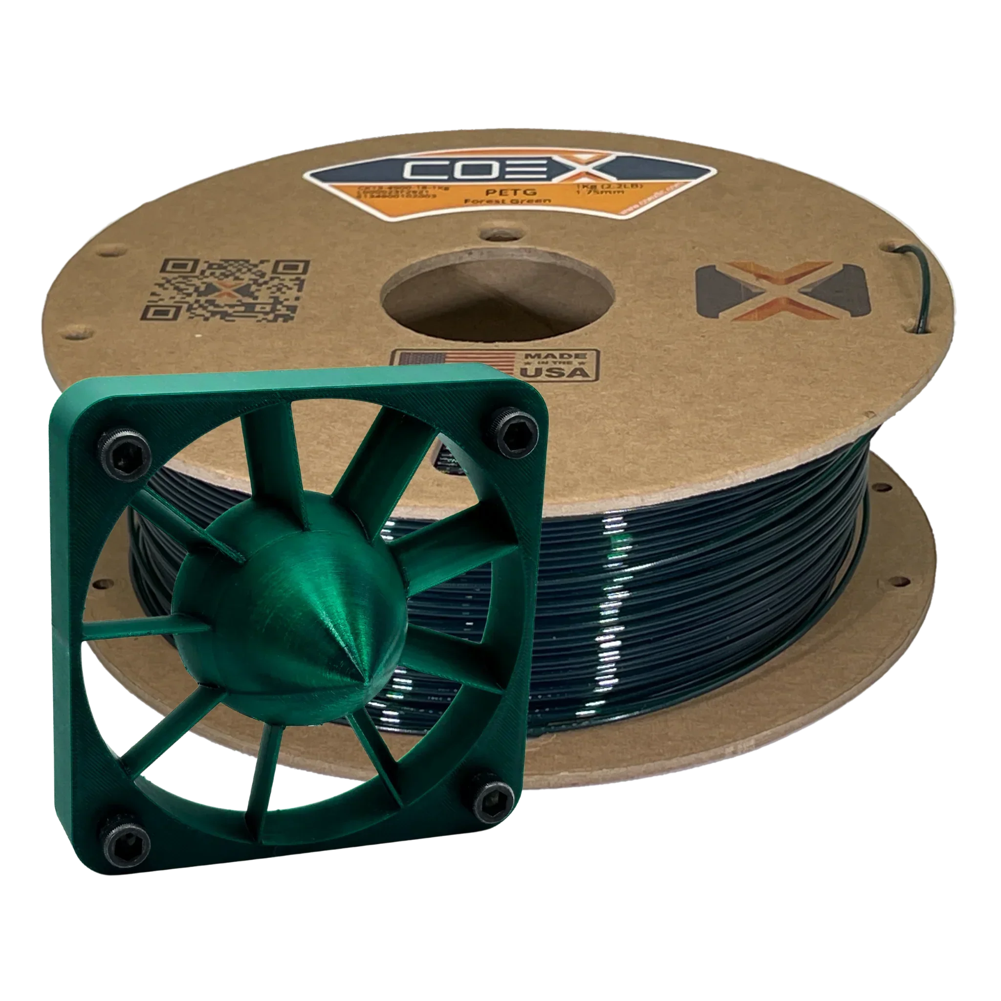 COEX PETG Forest Green 3D printer filament spool with printed green fan part