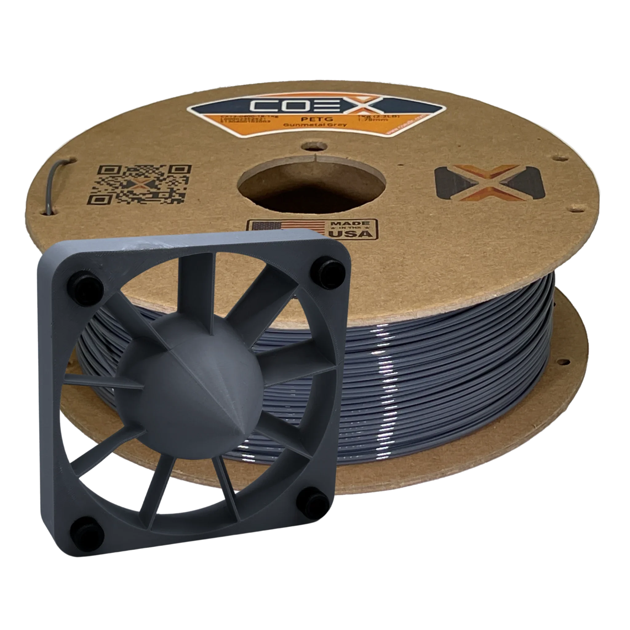 COEX PETG gunmetal grey 3D printer filament spool with a printed fan part in front