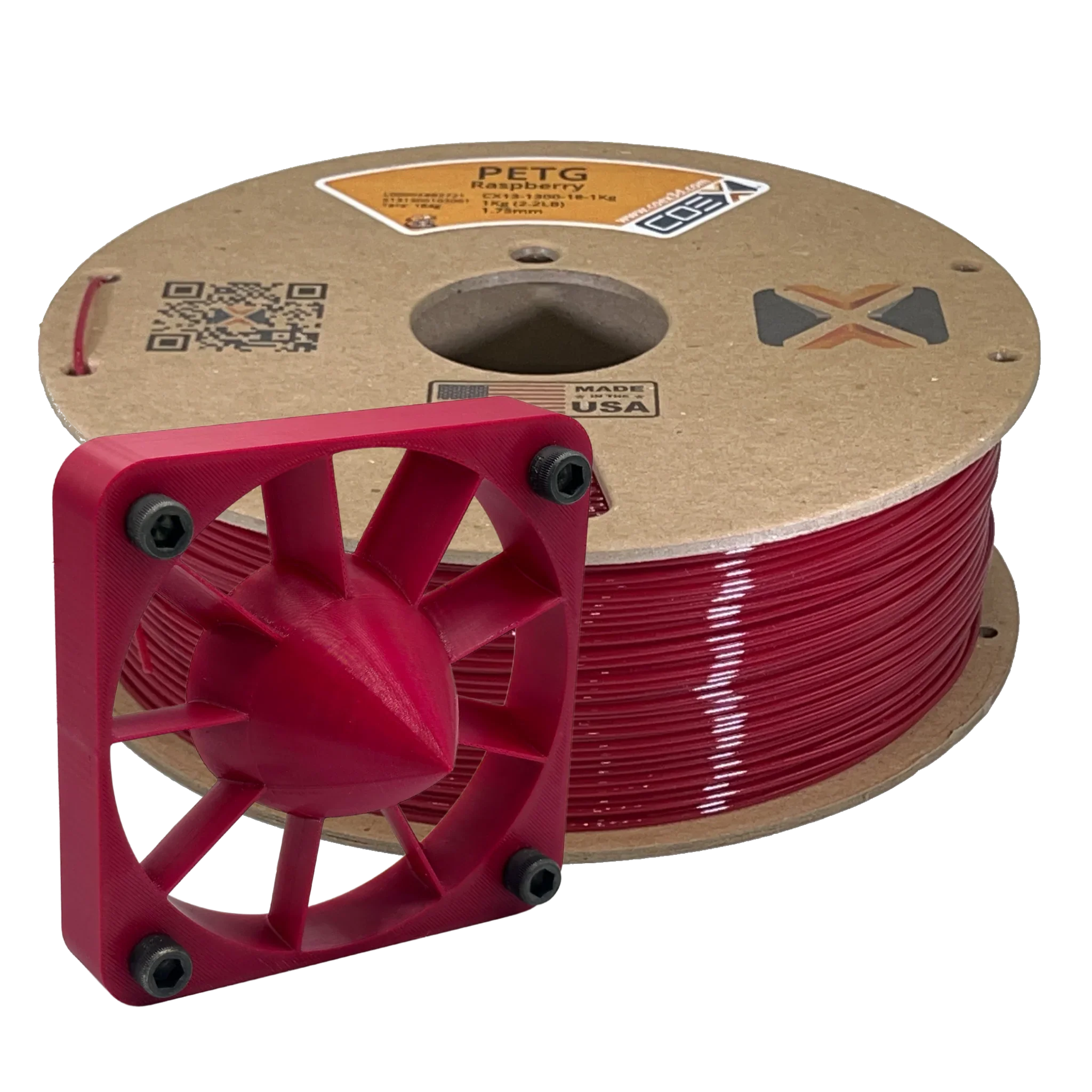 Raspberry PETG 3D printer filament spool with red 3D printed mechanical part