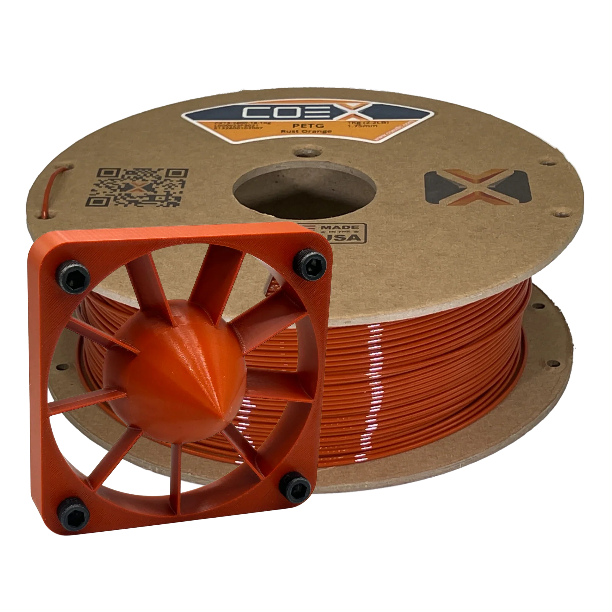 Rust orange PETG 3D printer filament spool with printed fan model by COEX