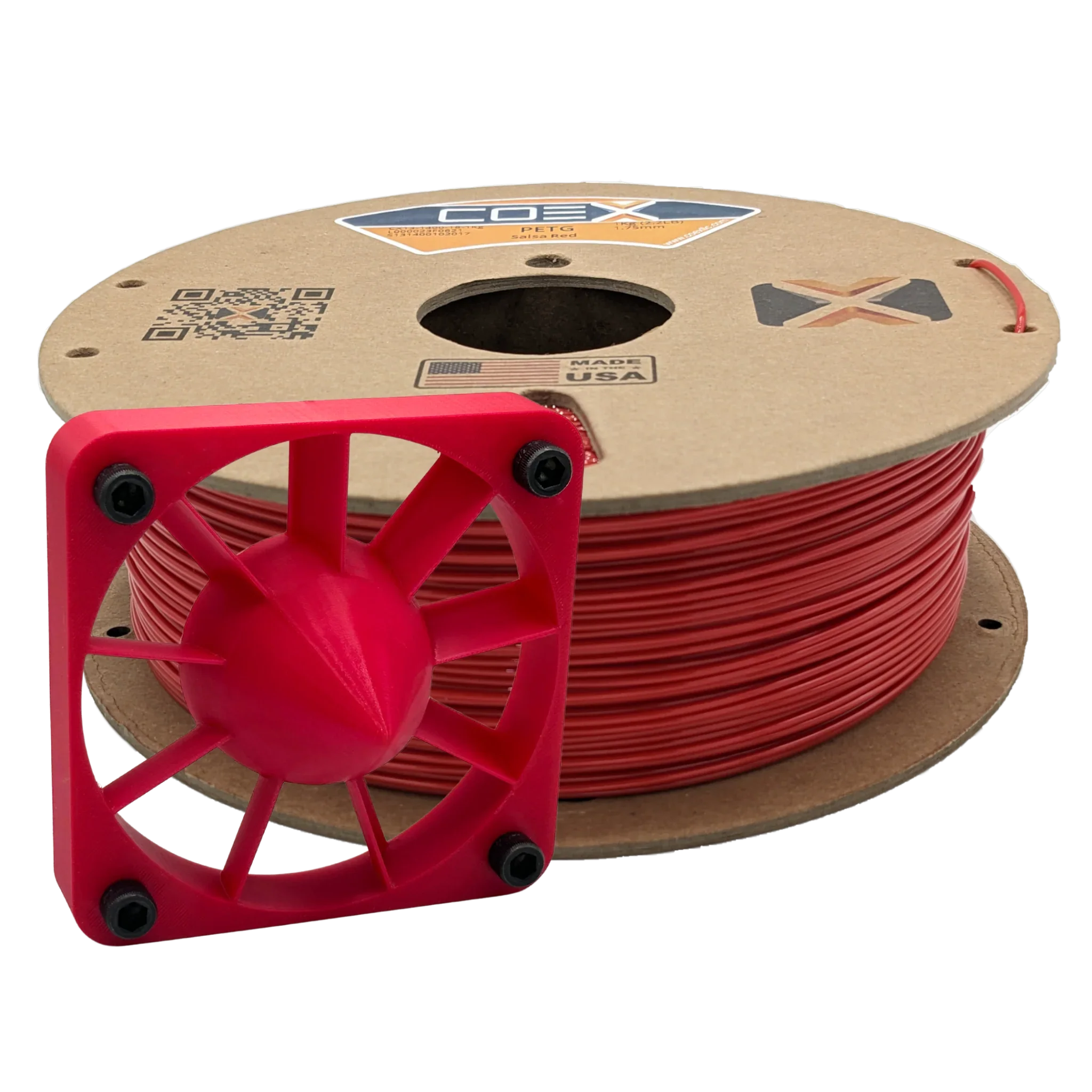 Spool of red PETG 3D printer filament with printed cooling fan part