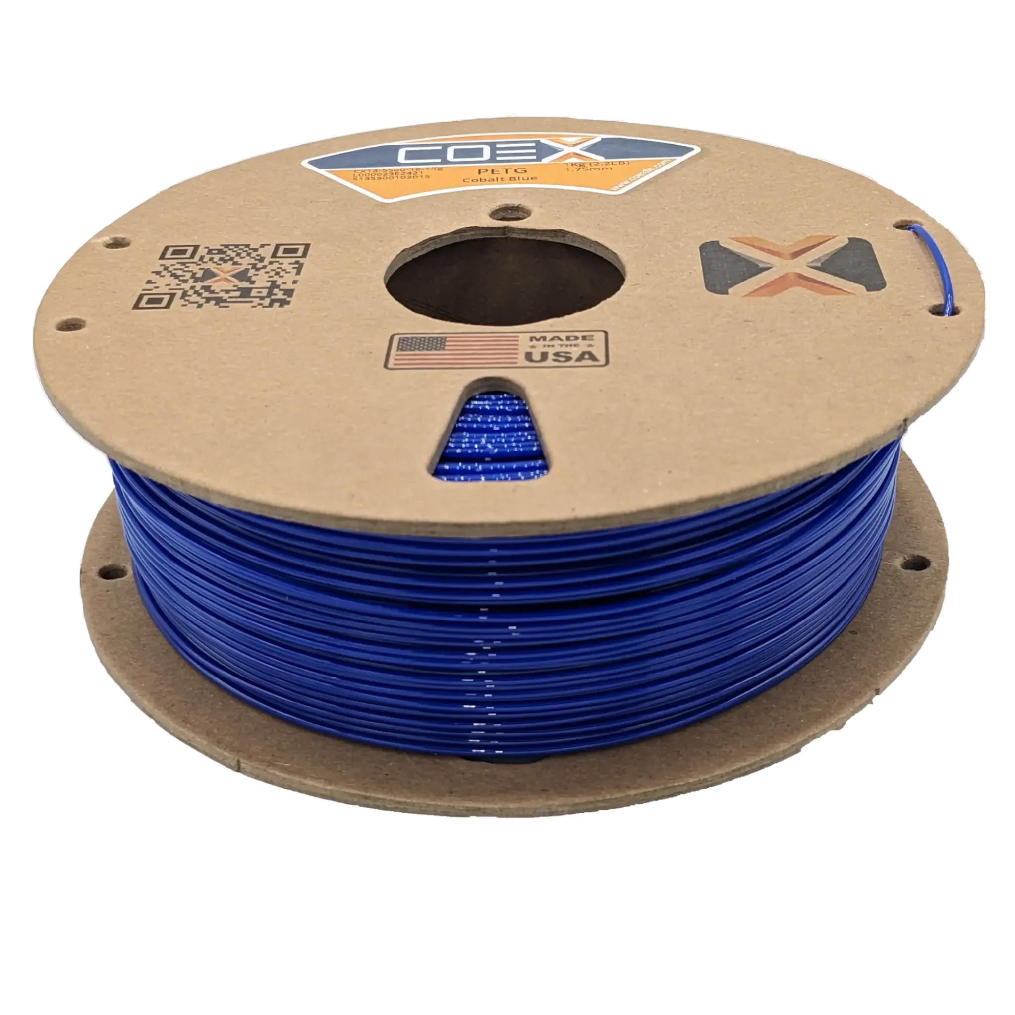 COEX 3D printer filament spool in cobalt blue color, made in USA, with cardboard reel