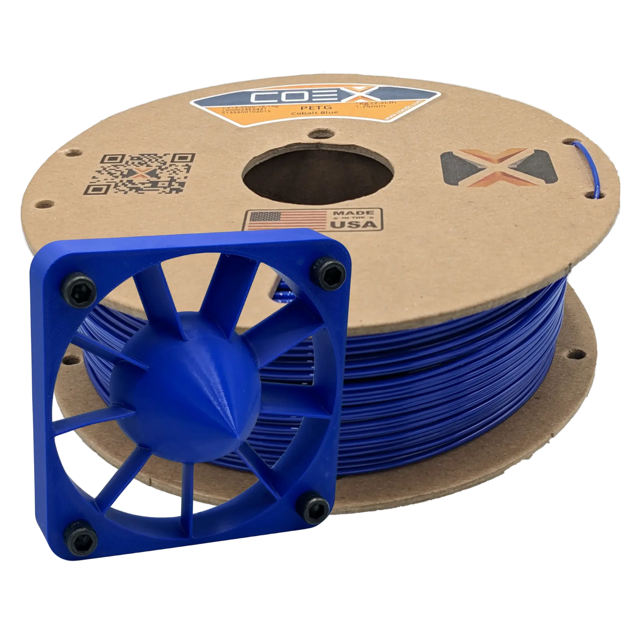 Cobalt blue PETG 3D printer filament spool with 3D-printed fan part, COEX USA label