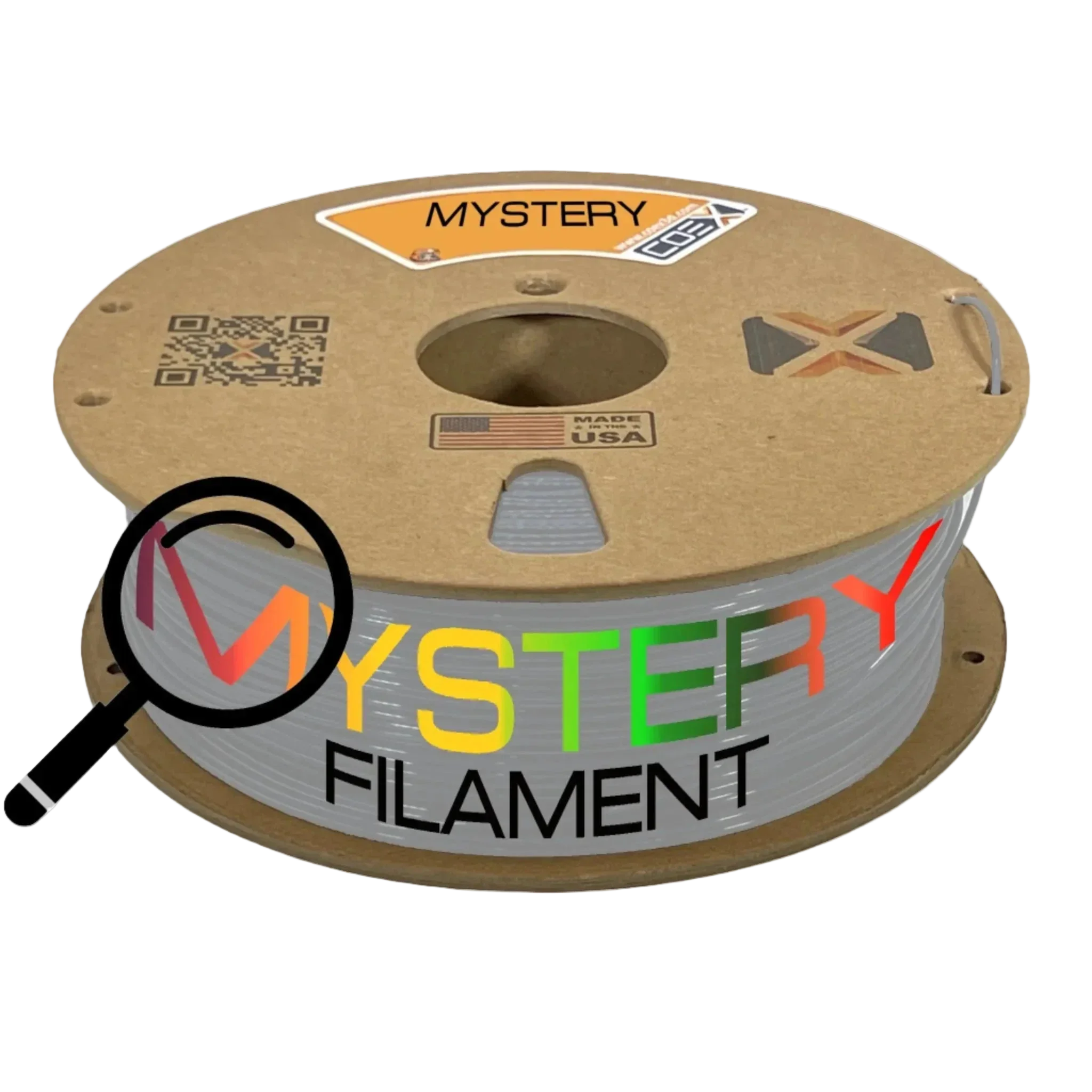 Mystery color PLA 3D printer filament spool with brown cardboard reel and USA label