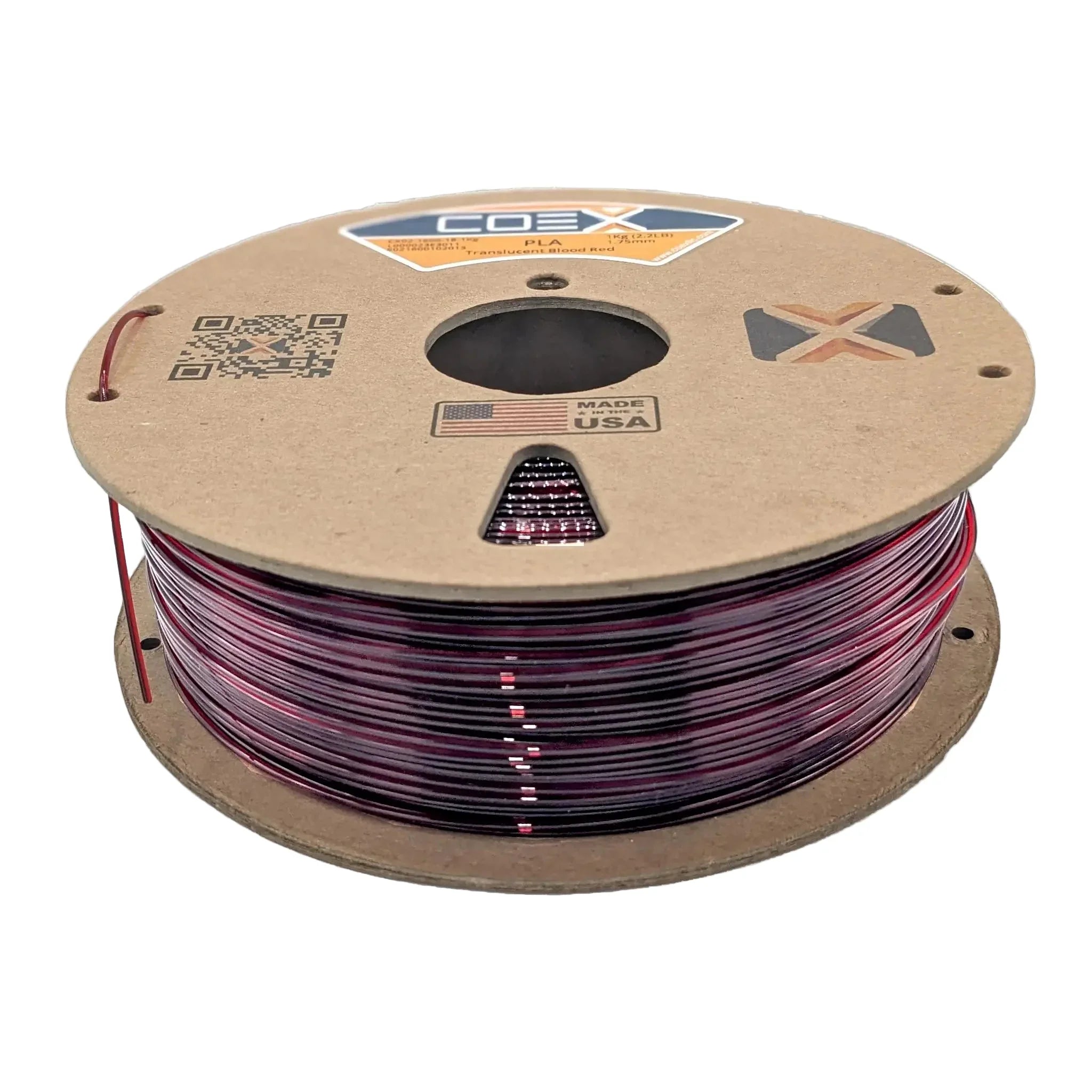 Translucent blood red PLA 3D printer filament spool on cardboard reel