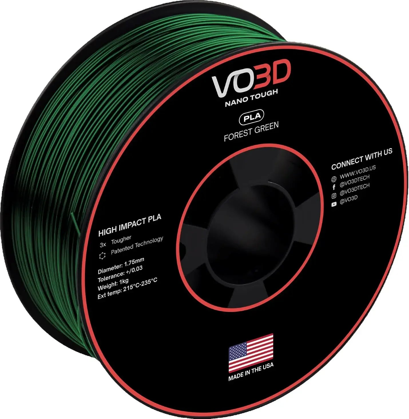 VO3D High Impact PLA forest green 3D printer filament spool, 1.75mm, made in USA