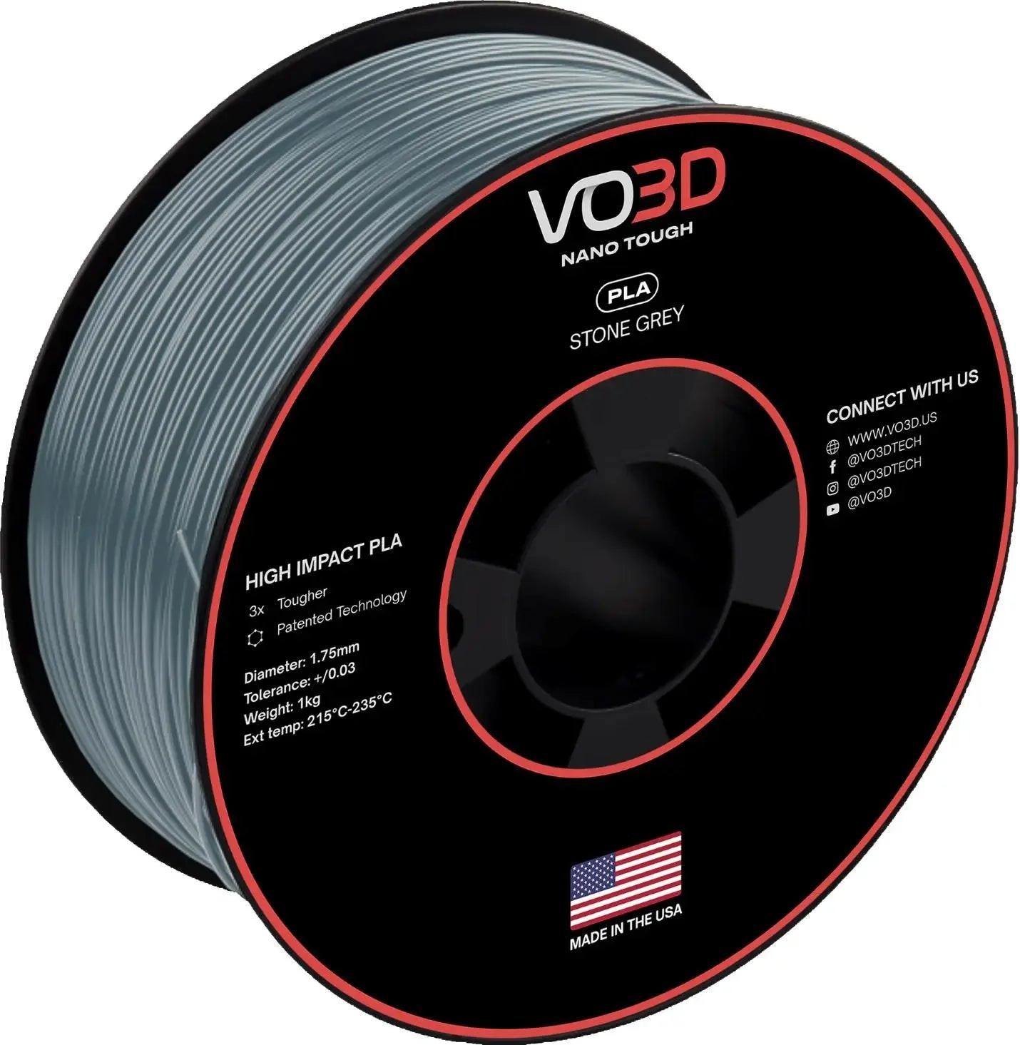VO3D stone grey high impact PLA 3D printer filament spool, 1.75mm, made in USA