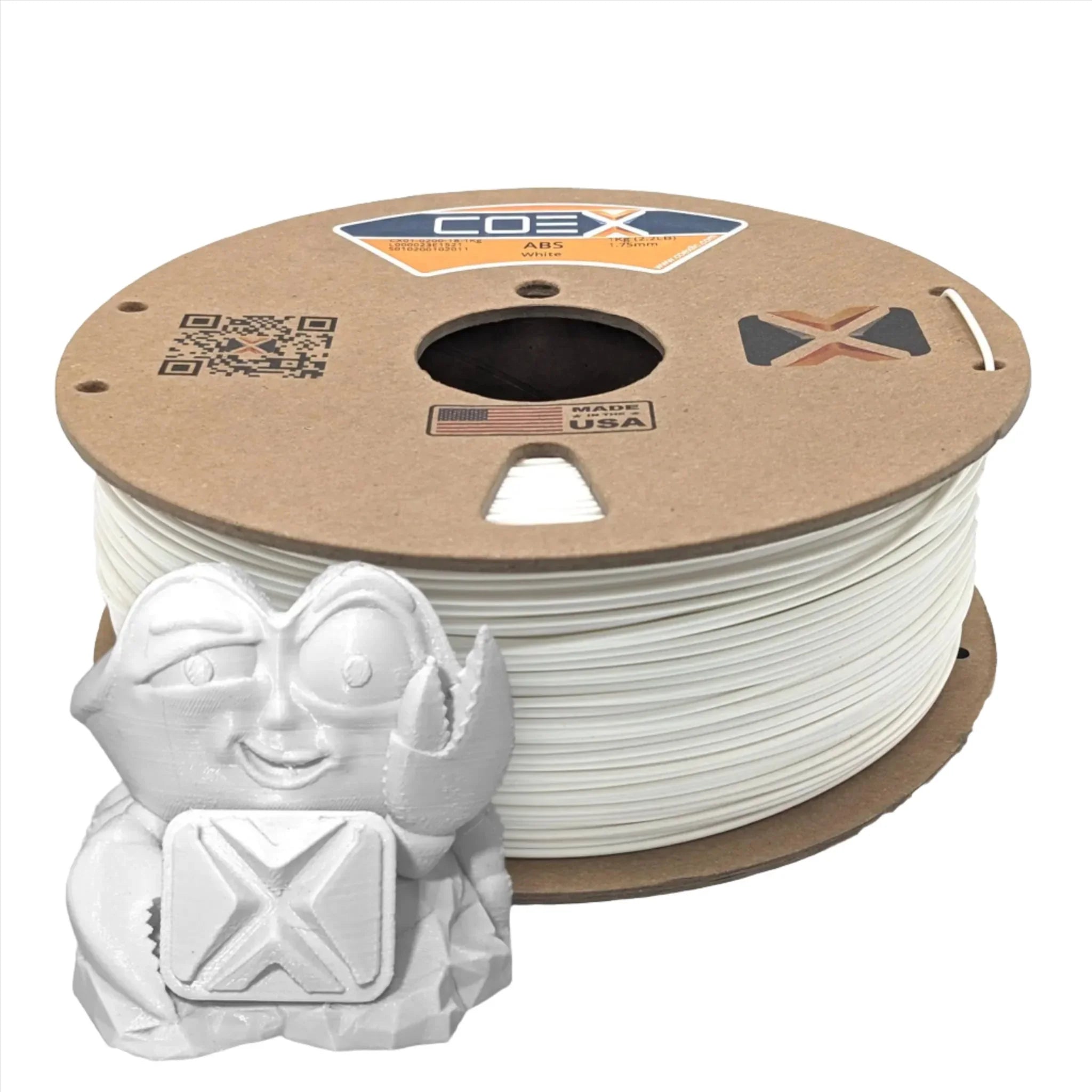White ABS 3D printer filament spool with a small white 3D printed model in front.