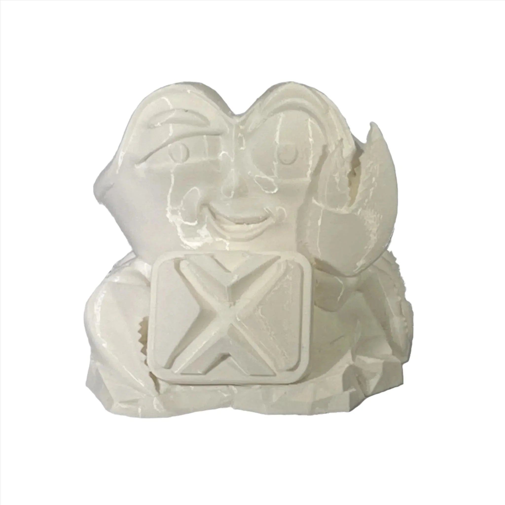 White 3D printed crab with X on chest made from ABS filament on a plain background