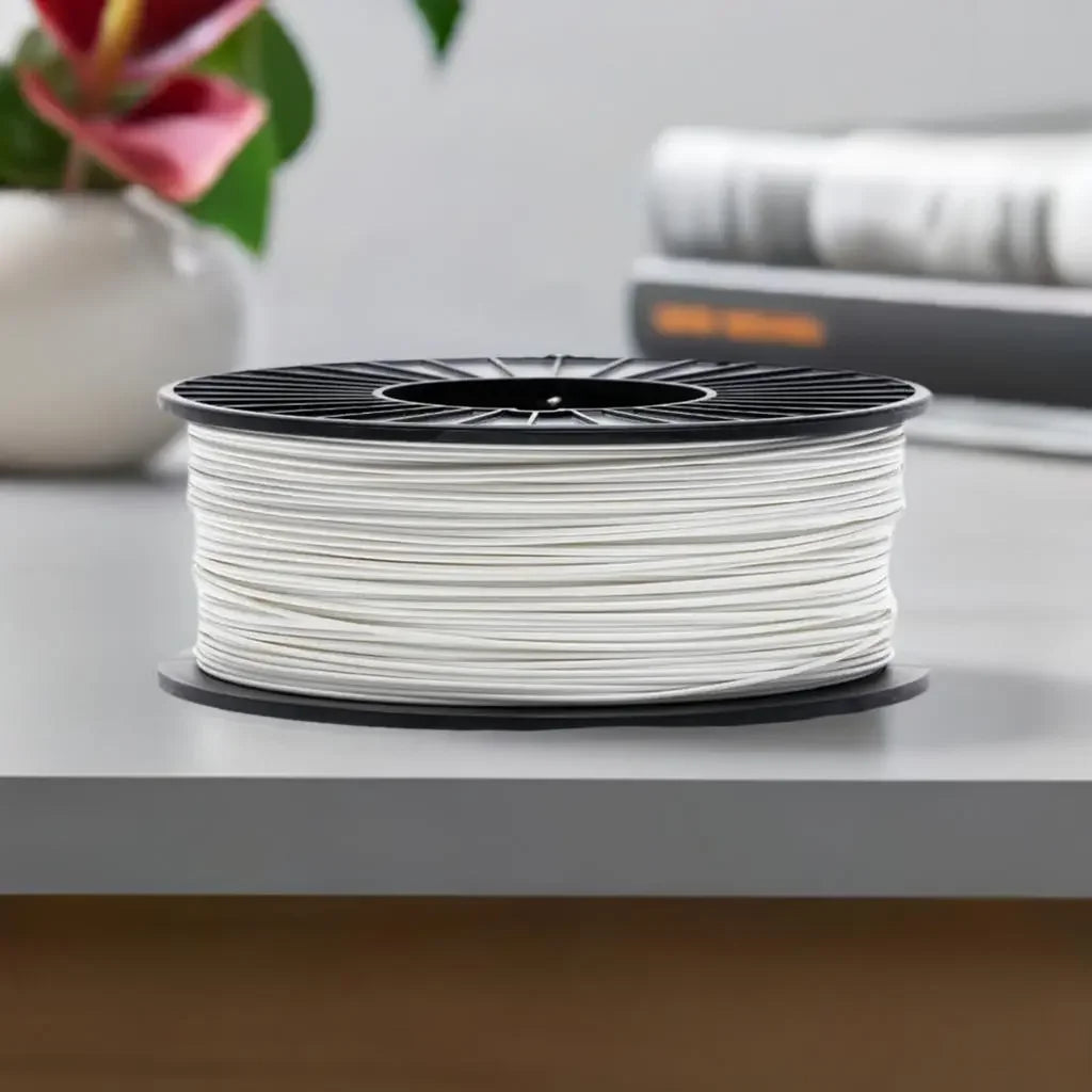White 3D printer filament spool on a desk, TPE CoexFlex material, modern workspace