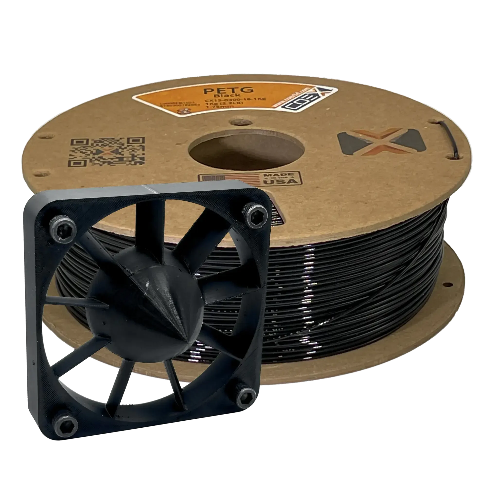 Black PETG 3D printer filament spool with a 3D printed fan model in front