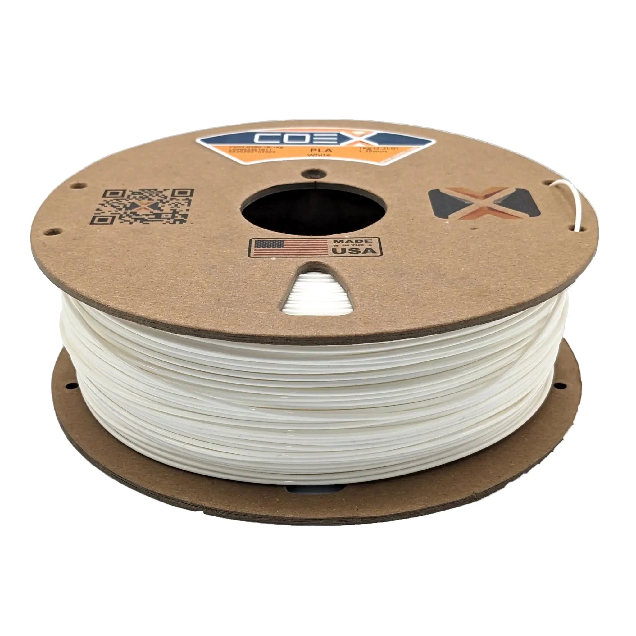 White PLA 3D printer filament spool, COEX brand, made in USA, brown cardboard reel