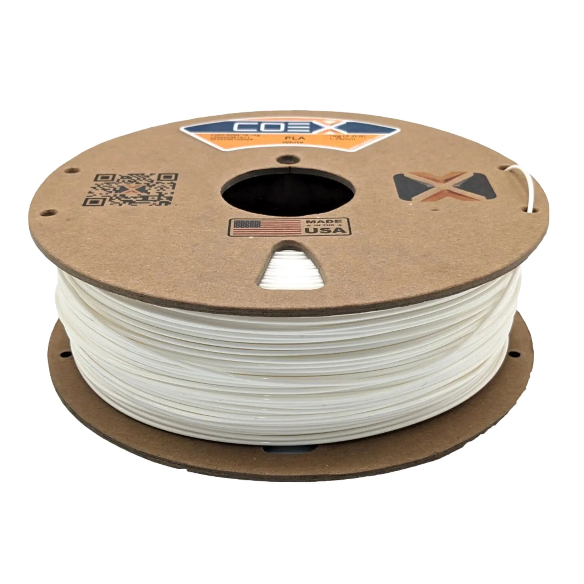 White PLA 3D printer filament spool by COEX, cardboard reel, Made in USA label visible